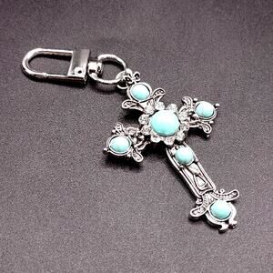 Stainless Steel Key Chain Turquoise CZ Cross Pendant Southwestern Boho Jewelry